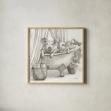 Pigs in a Tub Sepia by Leslie Trimbach. Shown in a natural wood glass frame for a timeless modern aesthetic. Available as an archival giclee rolled canvas, fine art paper, or poster print. SKU 89900a.