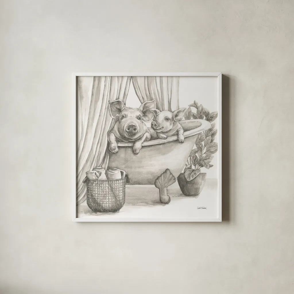 Pigs in a Tub Sepia by Leslie Trimbach. Shown in a crisp white glass frame for a clean and minimalist style. Available as an archival giclee rolled canvas, fine art paper, or poster print. SKU 89900a.