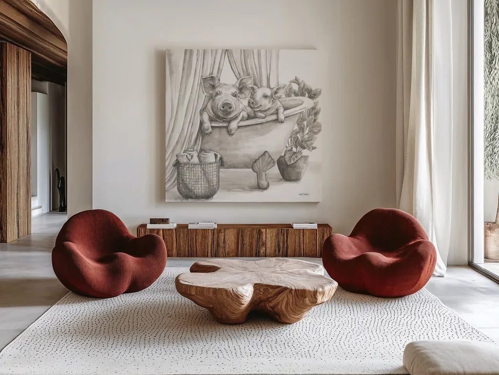 Pigs in a Tub Sepia by Leslie Trimbach. Shown as extra-large giant wall art in a modern living room. Available as an archival giclee rolled canvas, fine art paper, or poster print. SKU 89900a.