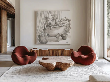 Pigs in a Tub Sepia by Leslie Trimbach. Shown as extra-large giant wall art in a modern living room. Available as an archival giclee rolled canvas, fine art paper, or poster print. SKU 89900a.