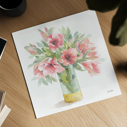 Pink Amaryllis by Leslie Trimbach. Shown as a detailed flat fine art print, highlighting archival giclee quality. Available as an archival giclee rolled canvas, fine art paper, or poster print. SKU 83193a.