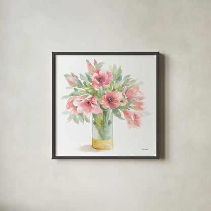 Pink Amaryllis by Leslie Trimbach. Shown in a sleek black glass frame for a contemporary gallery look. Available as an archival giclee rolled canvas, fine art paper, or poster print. SKU 83193a.