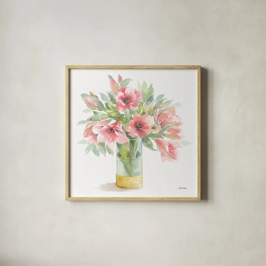 Pink Amaryllis by Leslie Trimbach. Shown in a natural wood glass frame for a timeless modern aesthetic. Available as an archival giclee rolled canvas, fine art paper, or poster print. SKU 83193a.
