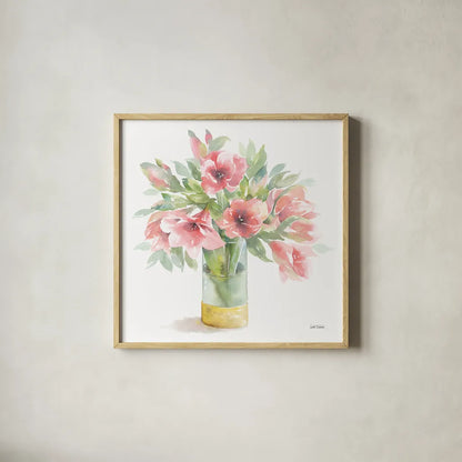Pink Amaryllis by Leslie Trimbach. Shown in a natural wood glass frame for a timeless modern aesthetic. Available as an archival giclee rolled canvas, fine art paper, or poster print. SKU 83193a.