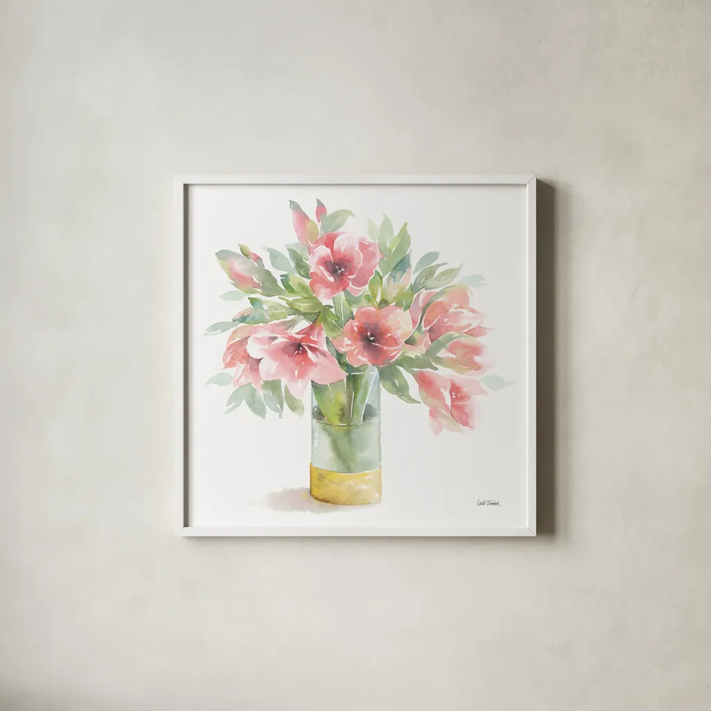 Pink Amaryllis by Leslie Trimbach. Shown in a crisp white glass frame for a clean and minimalist style. Available as an archival giclee rolled canvas, fine art paper, or poster print. SKU 83193a.