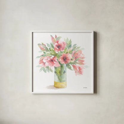 Pink Amaryllis by Leslie Trimbach. Shown in a crisp white glass frame for a clean and minimalist style. Available as an archival giclee rolled canvas, fine art paper, or poster print. SKU 83193a.