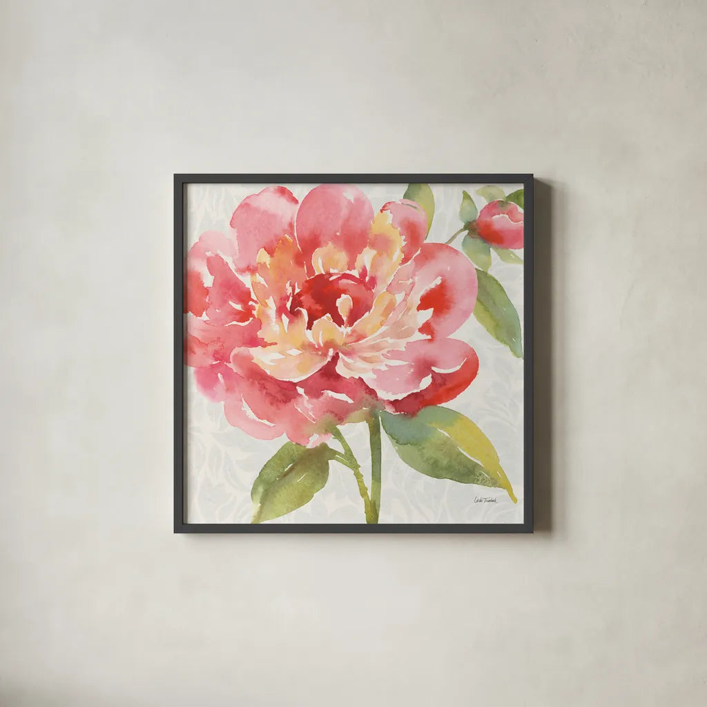Pink Flora I by Leslie Trimbach. Shown in a sleek black glass frame for a contemporary gallery look. Available as an archival giclee rolled canvas, fine art paper, or poster print. SKU 87130a.