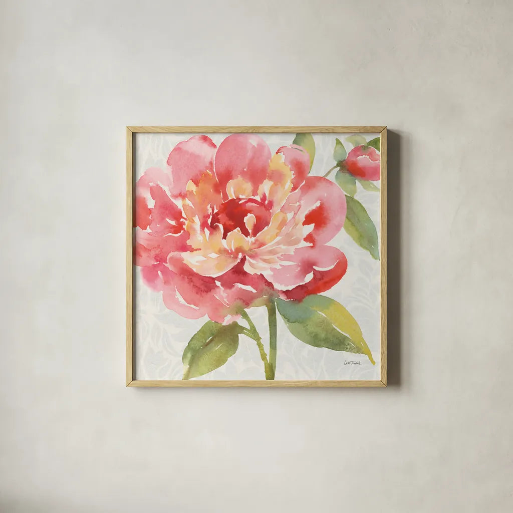 Pink Flora I by Leslie Trimbach. Shown in a natural wood glass frame for a timeless modern aesthetic. Available as an archival giclee rolled canvas, fine art paper, or poster print. SKU 87130a.