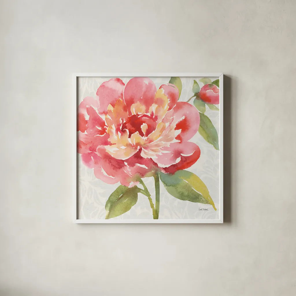 Pink Flora I by Leslie Trimbach. Shown in a crisp white glass frame for a clean and minimalist style. Available as an archival giclee rolled canvas, fine art paper, or poster print. SKU 87130a.