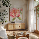 Pink Flora I by Leslie Trimbach. Shown in a natural wood frame in a cozy modern living room. Available as an archival giclee rolled canvas, fine art paper, or poster print. SKU 87130a.