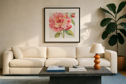 Pink Flora I by Leslie Trimbach. Displayed in a glass frame with matte in a clean modern living room. Available as an archival giclee rolled canvas, fine art paper, or poster print. SKU 87130a.
