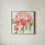 Pink Flora II by Leslie Trimbach. Shown in a natural wood glass frame for a timeless modern aesthetic. Available as an archival giclee rolled canvas, fine art paper, or poster print. SKU 87131a.