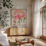 Pink Flora II by Leslie Trimbach. Shown in a natural wood frame in a cozy modern living room. Available as an archival giclee rolled canvas, fine art paper, or poster print. SKU 87131a.