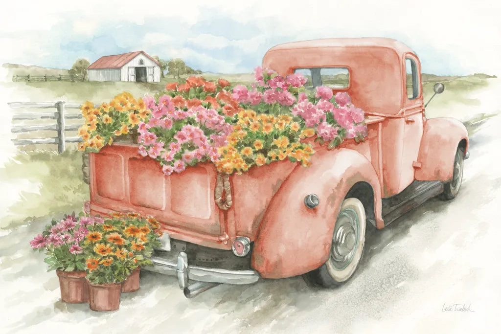 Red Truck with Flowers by Leslie Trimbach. SKU 96646i. Archival Giclee Fine art print for wall decor.