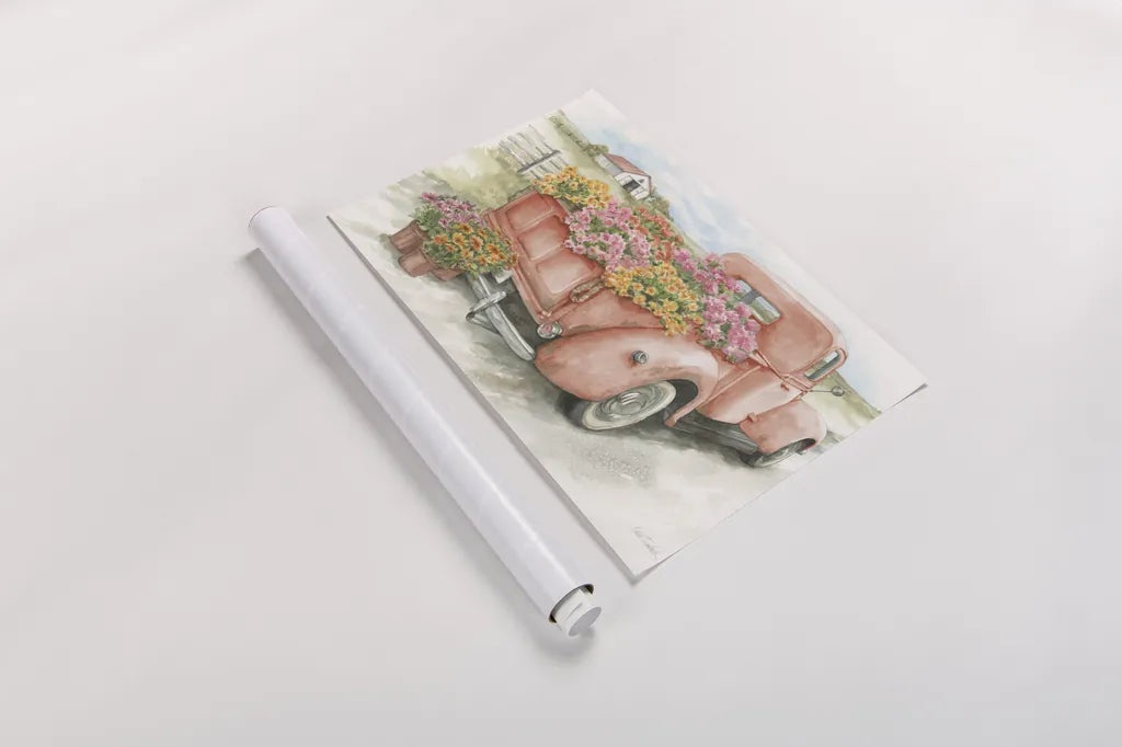 Red Truck with Flowers by Leslie Trimbach. shown as a rolled paper print. Available as archival giclee rolled canvas, fine art paper, or poster print. SKU 96646i.