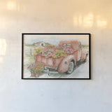 Red Truck with Flowers by Leslie Trimbach. shown as a paper print in a black flame. Available as a archival giclee rolled canvas, fine art paper, or poster print. SKU 96646i.