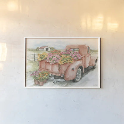Red Truck with Flowers by Leslie Trimbach. shown as a paper print in a white frame. Available as a archival giclee rolled canvas, fine art paper, or poster print. SKU 96646i.