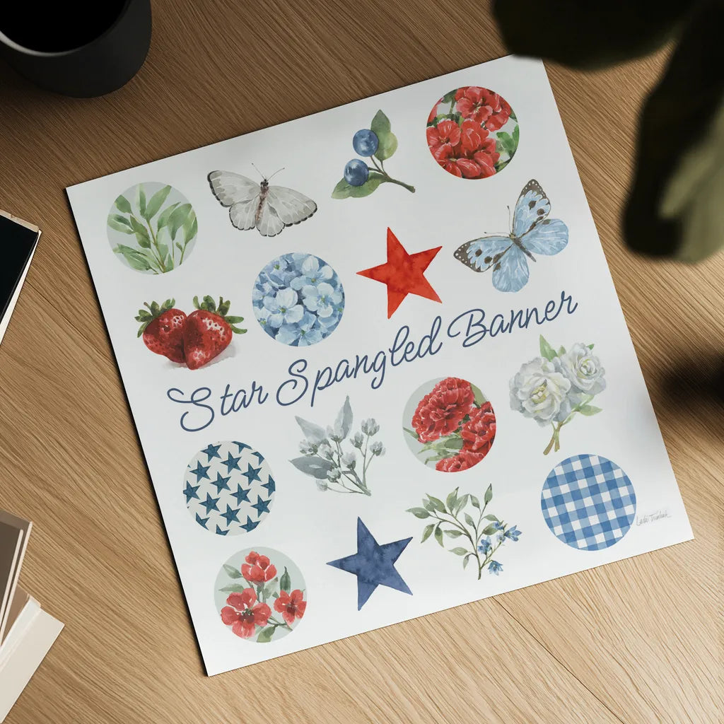 Red White and Blue Floral III by Leslie Trimbach. Shown as a detailed flat fine art print, highlighting archival giclee quality. Available as an archival giclee rolled canvas, fine art paper, or poster print. SKU 91964a.