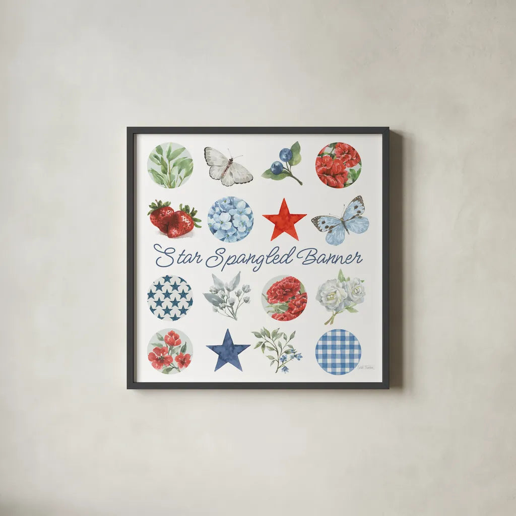 Red White and Blue Floral III by Leslie Trimbach. Shown in a sleek black glass frame for a contemporary gallery look. Available as an archival giclee rolled canvas, fine art paper, or poster print. SKU 91964a.