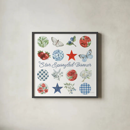 Red White and Blue Floral III by Leslie Trimbach. Shown in a sleek black glass frame for a contemporary gallery look. Available as an archival giclee rolled canvas, fine art paper, or poster print. SKU 91964a.