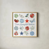 Red White and Blue Floral III by Leslie Trimbach. Shown in a natural wood glass frame for a timeless modern aesthetic. Available as an archival giclee rolled canvas, fine art paper, or poster print. SKU 91964a.