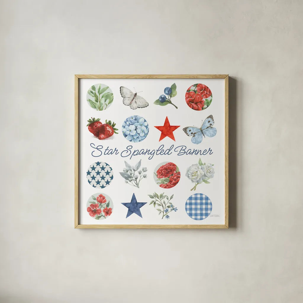 Red White and Blue Floral III by Leslie Trimbach. Shown in a natural wood glass frame for a timeless modern aesthetic. Available as an archival giclee rolled canvas, fine art paper, or poster print. SKU 91964a.