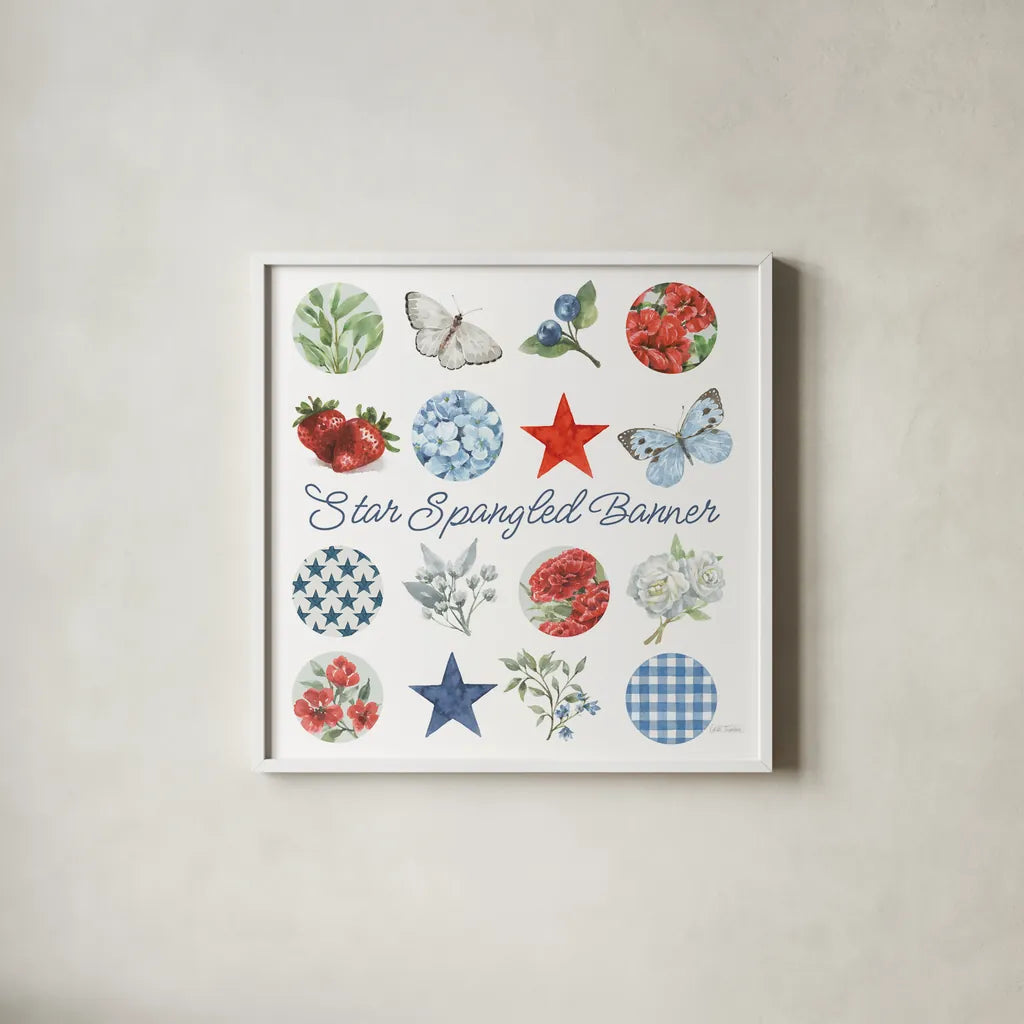 Red White and Blue Floral III by Leslie Trimbach. Shown in a crisp white glass frame for a clean and minimalist style. Available as an archival giclee rolled canvas, fine art paper, or poster print. SKU 91964a.