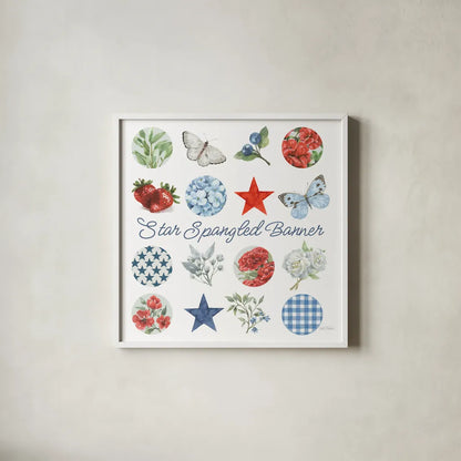 Red White and Blue Floral III by Leslie Trimbach. Shown in a crisp white glass frame for a clean and minimalist style. Available as an archival giclee rolled canvas, fine art paper, or poster print. SKU 91964a.