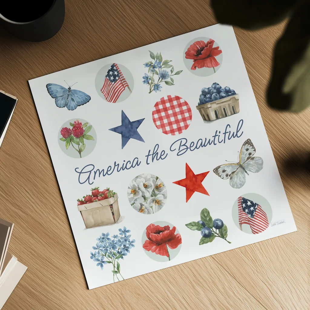 Red White and Blue Floral IV by Leslie Trimbach. Shown as a detailed flat fine art print, highlighting archival giclee quality. Available as an archival giclee rolled canvas, fine art paper, or poster print. SKU 91965a.