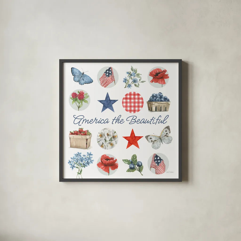 Red White and Blue Floral IV by Leslie Trimbach. Shown in a sleek black glass frame for a contemporary gallery look. Available as an archival giclee rolled canvas, fine art paper, or poster print. SKU 91965a.