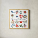 Red White and Blue Floral IV by Leslie Trimbach. Shown in a natural wood glass frame for a timeless modern aesthetic. Available as an archival giclee rolled canvas, fine art paper, or poster print. SKU 91965a.