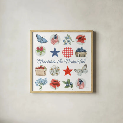 Red White and Blue Floral IV by Leslie Trimbach. Shown in a natural wood glass frame for a timeless modern aesthetic. Available as an archival giclee rolled canvas, fine art paper, or poster print. SKU 91965a.