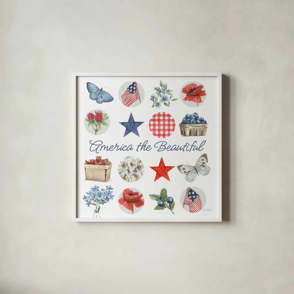 Red White and Blue Floral IV by Leslie Trimbach. Shown in a crisp white glass frame for a clean and minimalist style. Available as an archival giclee rolled canvas, fine art paper, or poster print. SKU 91965a.