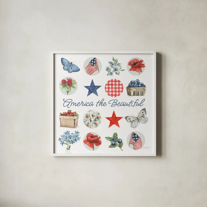 Red White and Blue Floral IV by Leslie Trimbach. Shown in a crisp white glass frame for a clean and minimalist style. Available as an archival giclee rolled canvas, fine art paper, or poster print. SKU 91965a.