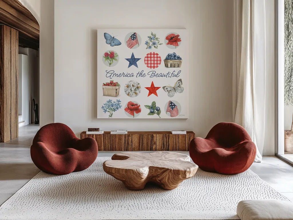 Red White and Blue Floral IV by Leslie Trimbach. Shown as extra-large giant wall art in a modern living room. Available as an archival giclee rolled canvas, fine art paper, or poster print. SKU 91965a.