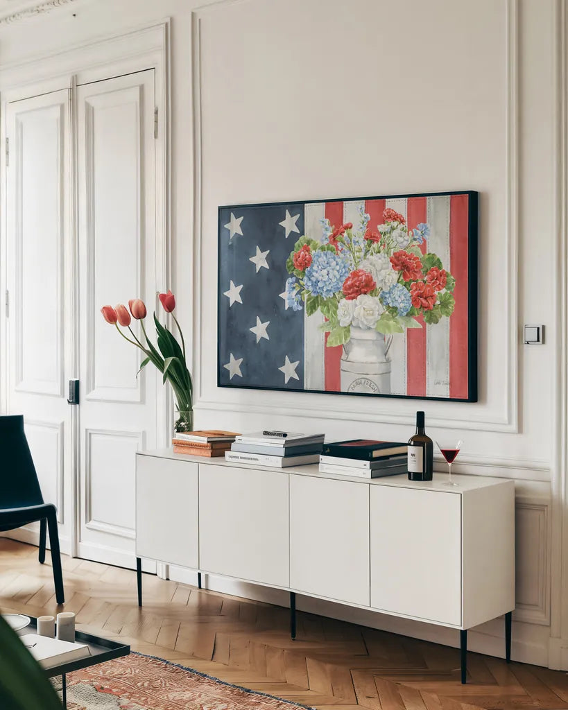 Red White and Blue Floral V by Leslie Trimbach. shown as a framed stretched canvas in a living room above a console. Available as a archival giclee rolled canvas, fine art paper, or poster print. SKU 91966i.