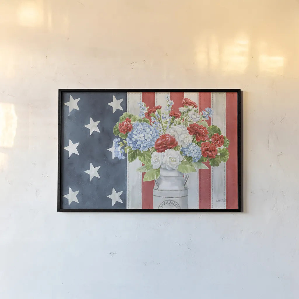 Red White and Blue Floral V by Leslie Trimbach. shown as a paper print in a black flame. Available as a archival giclee rolled canvas, fine art paper, or poster print. SKU 91966i.