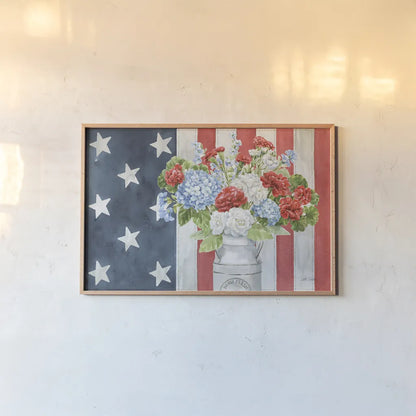 Red White and Blue Floral V by Leslie Trimbach. shown as a paper print in a natural frame. Available as a archival giclee rolled canvas, fine art paper, or poster print. SKU 91966i.