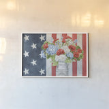 Red White and Blue Floral V by Leslie Trimbach. shown as a paper print in a white frame. Available as a archival giclee rolled canvas, fine art paper, or poster print. SKU 91966i.