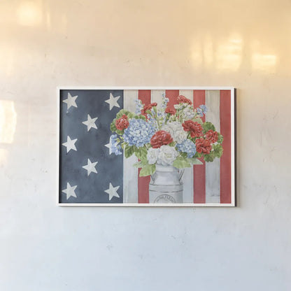 Red White and Blue Floral V by Leslie Trimbach. shown as a paper print in a white frame. Available as a archival giclee rolled canvas, fine art paper, or poster print. SKU 91966i.