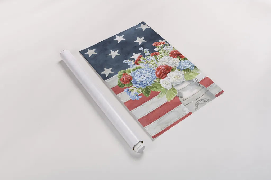 Red White and Blue Floral V Veritcal by Leslie Trimbach. shown as a rolled paper print. Available as archival giclee rolled canvas, fine art paper, or poster print. SKU 95522h.