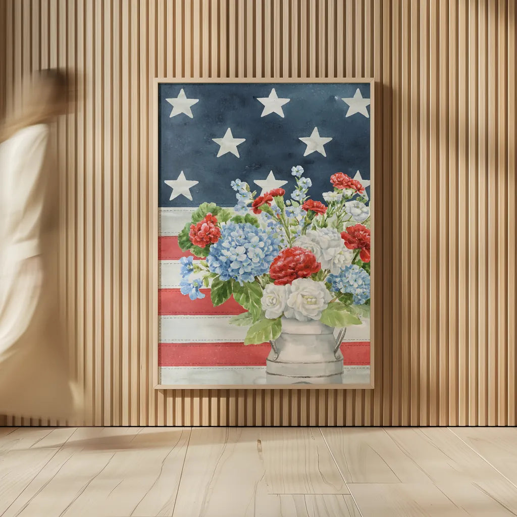 Red White and Blue Floral V Veritcal by Leslie Trimbach. shown as over sized large wall art. Available as an archival giclee rolled canvas, fine art paper, or poster print. SKU 95522h.