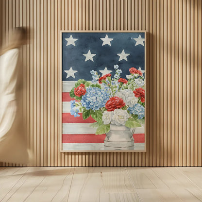 Red White and Blue Floral V Veritcal by Leslie Trimbach. shown as over sized large wall art. Available as an archival giclee rolled canvas, fine art paper, or poster print. SKU 95522h.