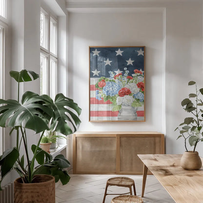 Red White and Blue Floral V Veritcal by Leslie Trimbach. shown as a print in a natural wood frame in a dining room. Available as a archival giclee rolled canvas, fine art paper, or poster print. SKU 95522h.
