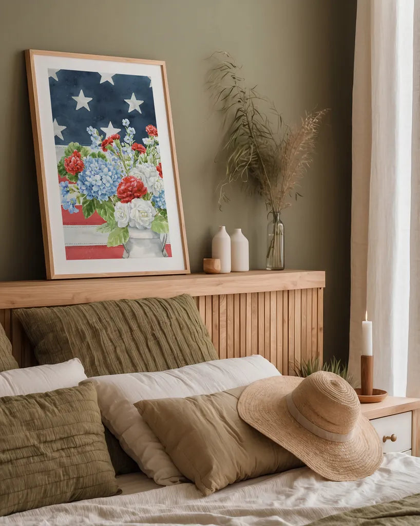 Red White and Blue Floral V Veritcal by Leslie Trimbach. shown as a paper print in a natural frame. Available as a archival giclee rolled canvas, fine art paper, or poster print. SKU 95522h.