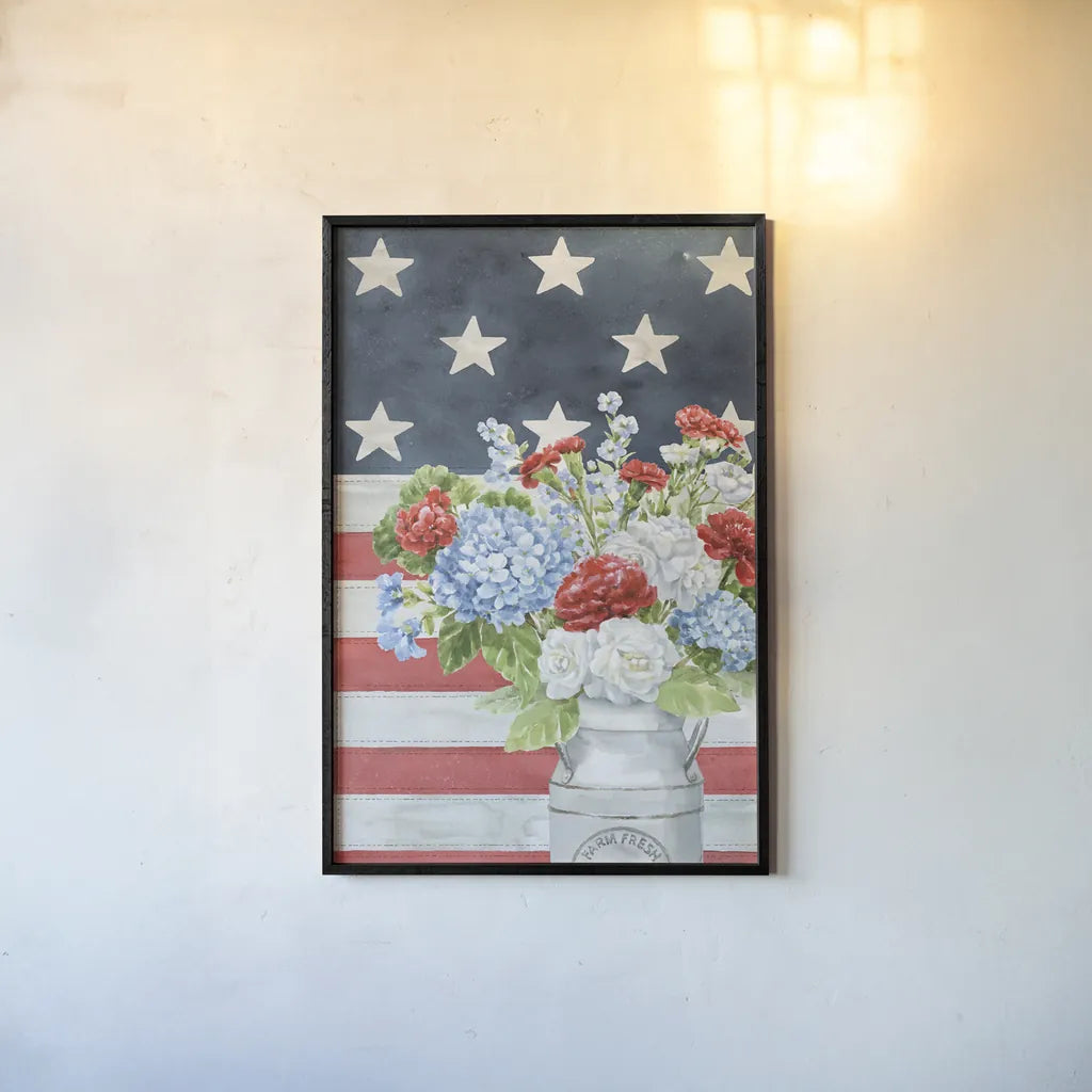 Red White and Blue Floral V Veritcal by Leslie Trimbach. shown as a paper print in a black flame. Available as a archival giclee rolled canvas, fine art paper, or poster print. SKU 95522h.