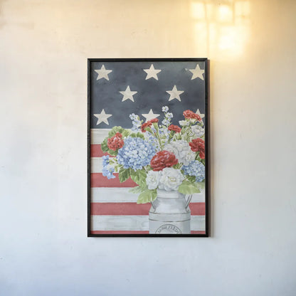 Red White and Blue Floral V Veritcal by Leslie Trimbach. shown as a paper print in a black flame. Available as a archival giclee rolled canvas, fine art paper, or poster print. SKU 95522h.