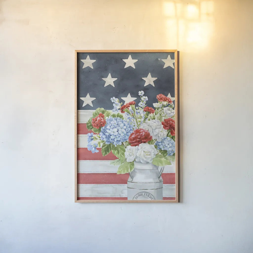 Red White and Blue Floral V Veritcal by Leslie Trimbach. shown as a paper print in a natural frame. Available as a archival giclee rolled canvas, fine art paper, or poster print. SKU 95522h.