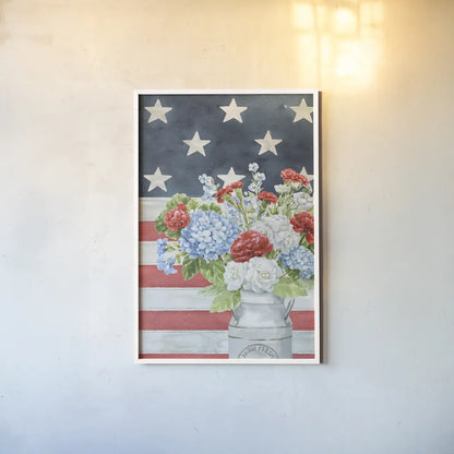 Red White and Blue Floral V Veritcal by Leslie Trimbach. shown as a paper print in a white frame. Available as a archival giclee rolled canvas, fine art paper, or poster print. SKU 95522h.