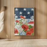 Red White and Blue Floral VI by Leslie Trimbach. shown as over sized large wall art. Available as an archival giclee rolled canvas, fine art paper, or poster print. SKU 98889h.